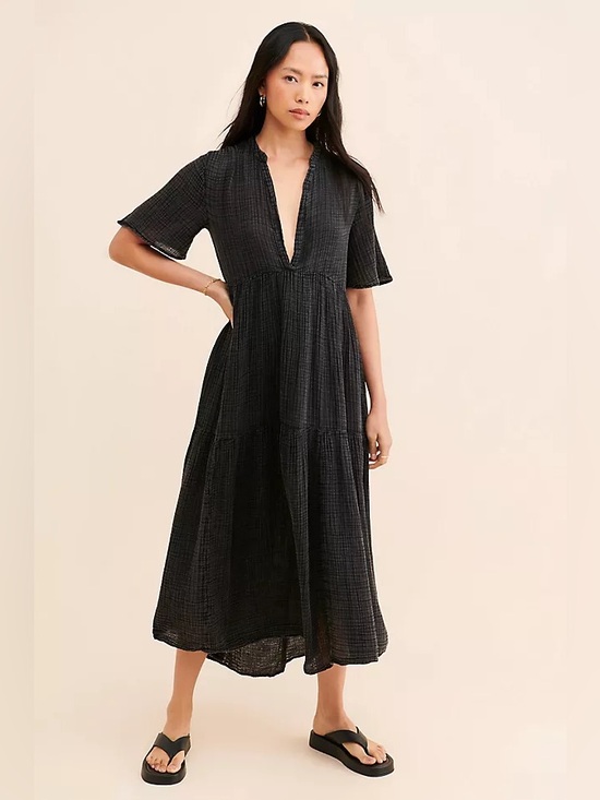 Anthropologie Dresses & Skirts - By Anthropologie Black Gauze Tiered V Neck Boho Maxi Midi Dress 1X